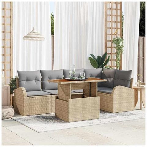 Set da pranzo giardino 6 pezzi con cuscini Polyrattan beige Acacia - Foto 2