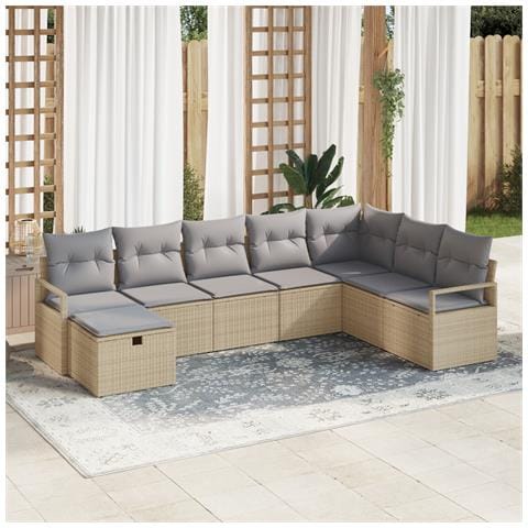 Set di divani da giardino a 8 pezzi con cuscini beige in poly rattan, Divano da giardino a 2 posti con cuscini beige in poly rattan - Foto 2