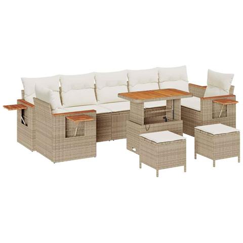 Set Divano da Giardino 10 Pezzi con Cuscini Beige Rattan Polirattan Acacia, Set da Pranzo Giardino 3 Pezzi con Cuscini Beige Rattan Polirattan Acacia - Foto 1
