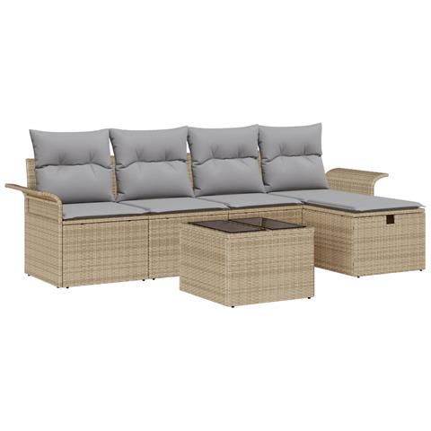Set divano da giardino da 6 pezzi con cuscini Beige polirattan, Divano da giardino 2 posti con contenitore e cuscini Beige polirattan - Foto 1