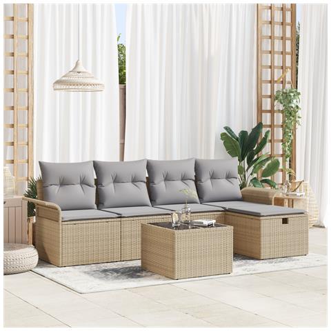 Set divano da giardino da 6 pezzi con cuscini Beige polirattan, Divano da giardino 2 posti con contenitore e cuscini Beige polirattan - Foto 2