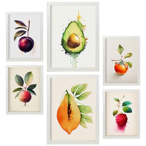 Set Di 6 Stampe Poster Di Frutta Rinfrescante, Verdura E Cibo Sano In Acquerello Su Bianco Puro A3 & A4 Cornice Bianca - Foto 1