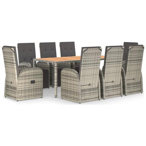 Set Da Pranzo Da Giardino 9 Pz Con Cuscini In Polyrattan Grigio - Foto 1