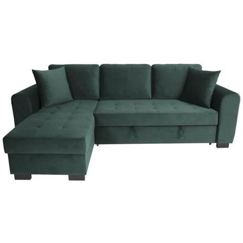 Divano Angolare Trasformabile A 4 Posti Hamilton - Tessuto In Velluto Verde - 245 X 140 X 86 - Contenitore - Foto 1
