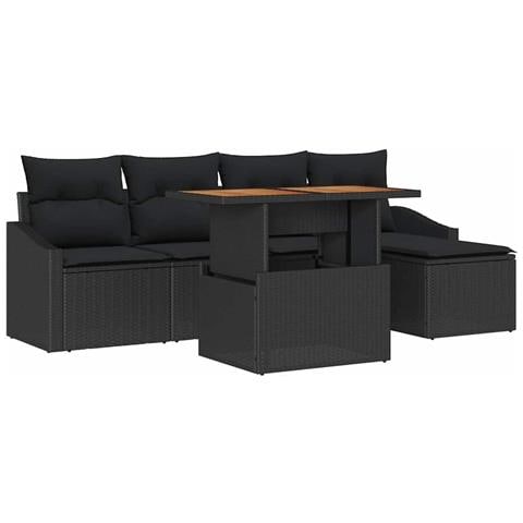 Set da Pranzo Giardino 6 Pezzi con Cuscini Rattan Polivalente Nero Acacia - Foto 1