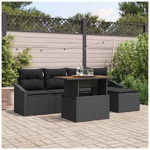 Set da Pranzo Giardino 6 Pezzi con Cuscini Rattan Polivalente Nero Acacia - Foto 2