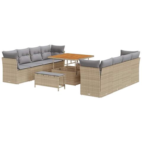 Set di Divani da Giardino 11 Pezzi con Cuscini Beige Polyrattan Acacia, Set da Pranzo da Giardino 3 Pezzi con Cuscini Beige Polyrattan Acacia - Foto 1