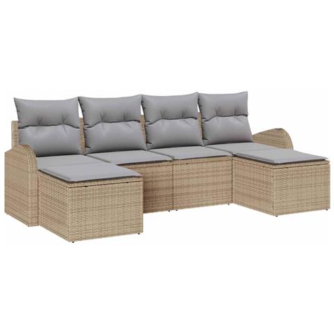 Set di divano da giardino  a 6 pezzi con cuscini Beige Rattan in poliestere, Divano da giardino a 2 posti  con spazio di stoccaggio e cuscini Beige Rattan in poliestere - Foto 1
