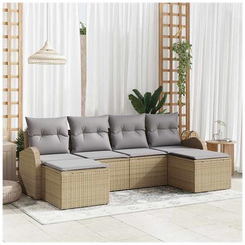 Set di divano da giardino  a 6 pezzi con cuscini Beige Rattan in poliestere, Divano da giardino a 2 posti  con spazio di stoccaggio e cuscini Beige Rattan in poliestere - Foto 2
