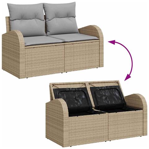Set di divano da giardino  a 6 pezzi con cuscini Beige Rattan in poliestere, Divano da giardino a 2 posti  con spazio di stoccaggio e cuscini Beige Rattan in poliestere - Foto 9