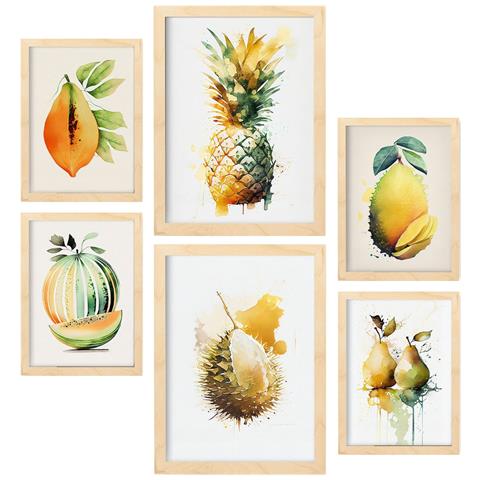 Set Di 6 Stampe Poster Di Frutta Tropicale, Verdura E Cibi Sani In Acquerello Su Bianco Puro A3 & A4 Telaio In Legno Chiaro - Foto 1