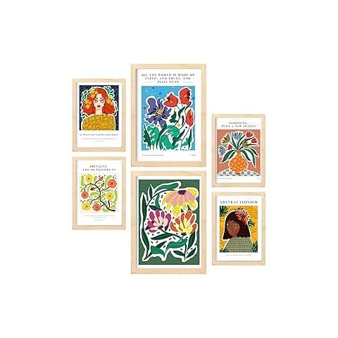 Set Di 6 Stampe Galleria D'arte Astratta Eden Sheet, Dipinti Decorativi Per Il Tuo Soggiorno, Stampe Artistiche Da Parete Per La Casa A3 & A4 Telaio In Legno Chiaro - Foto 1