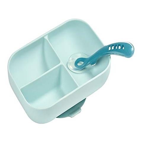 Set 913455 Per Pasti Piatto Con Scomparti In Silicone Ventosa Con Con Cucchiaio In Silicone Aderisce Al Tavolo / Ripiano Del Seggiolone Blu - Foto 2
