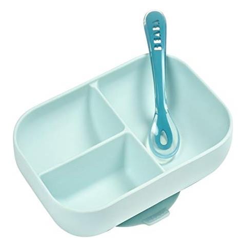 Set 913455 Per Pasti Piatto Con Scomparti In Silicone Ventosa Con Con Cucchiaio In Silicone Aderisce Al Tavolo / Ripiano Del Seggiolone Blu - Foto 1