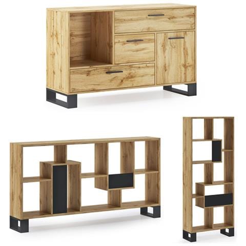 Set Ingresso Loft-rustico-buffet-scaffale-sala Da Pranzo-mobili Auxiliari-struttura Rovere Rustico- Piedini Neri - Foto 1