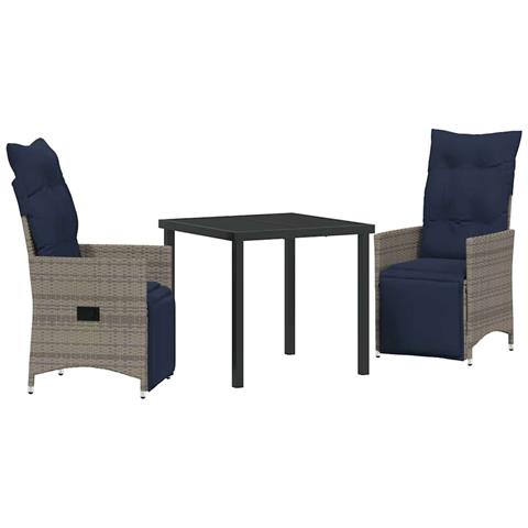 Set da pranzo da giardino  in 3 pezzi con cuscini in polyrattan grigio, Tavolo da giardino  nero 80x80x73 cm in vetro temperato - Foto 1
