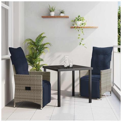 Set da pranzo da giardino  in 3 pezzi con cuscini in polyrattan grigio, Tavolo da giardino  nero 80x80x73 cm in vetro temperato - Foto 2