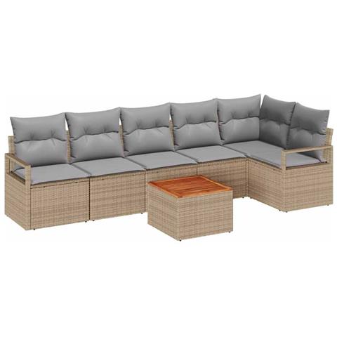 Set di Divano da Giardino a 7 Pezzi con Cuscini Beige Rattan Acacia, Divano da Giardino a 2 Posti con Cuscini Beige Rattan Sintetico - Foto 1