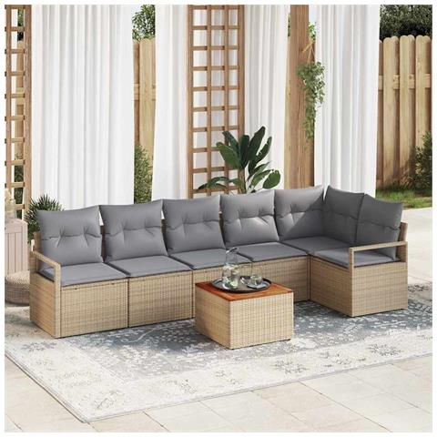 Set di Divano da Giardino a 7 Pezzi con Cuscini Beige Rattan Acacia, Divano da Giardino a 2 Posti con Cuscini Beige Rattan Sintetico - Foto 2