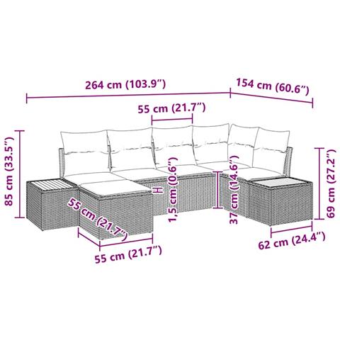 Set divano da giardino da 6 pezzi con cuscini Beige Polyrattan Acacia - Foto 9