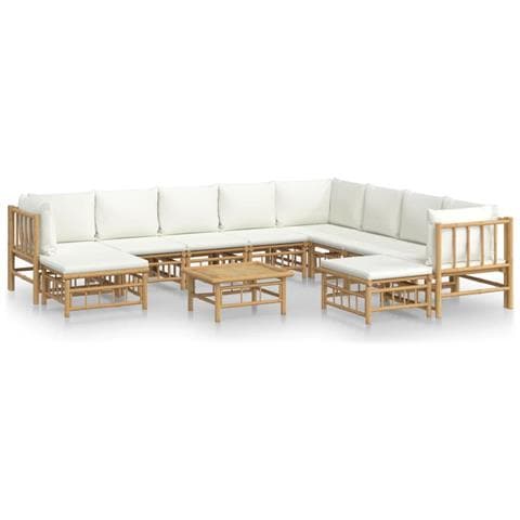 Set Salotto da Giardino 11pz con Cuscini Bianco Crema in Bambù - Foto 1
