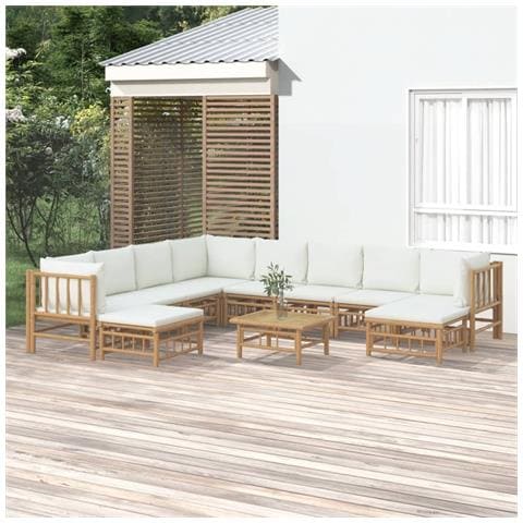 Set Salotto da Giardino 11pz con Cuscini Bianco Crema in Bambù - Foto 2