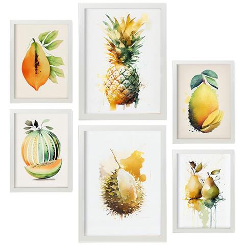 Set Di 6 Stampe Poster Di Frutta Tropicale, Verdura E Cibi Sani In Acquerello Su Bianco Puro A3 & A4 Cornice Bianca - Foto 1