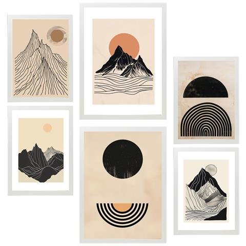 Set Di 6 Stampe Dipinto Decorativo Con Montagne Geometriche, Tonalità Vintage Marrone, Nero E Terra, Incorniciato Con Illustrazioni A3 & A4 Cornice Bianca - Foto 1