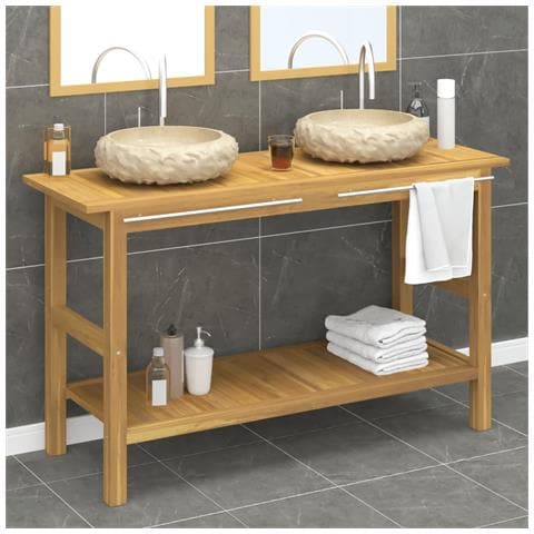 Mobile Vanità Bagno e Lavandini Marmo Crema Legno Massello Teak - Foto 2