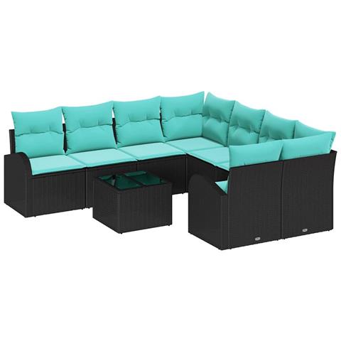 Set di divani con cuscino 9 pcs Nero e Turchese polyrattan - Foto 1
