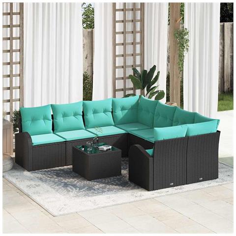 Set di divani con cuscino 9 pcs Nero e Turchese polyrattan - Foto 2