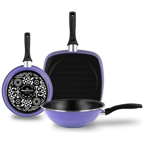 Very Peri Set Padella, Griglia, Wok A Induzione Da 24-27-28 Cm, Antiaderente Senza Pfoa Viola - Foto 1