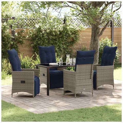 Set da Pranzo da Giardino in 5 Pezzi con Cuscini Grigio Poly Rattan, Tavolo da Giardino Nero 140x80x73 cm Vetro Temperato - Foto 2