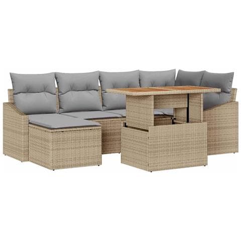 Set da Pranzo Giardino 7 Pezzi con Cuscini Beige Rattan Sintetico Acacia - Foto 1
