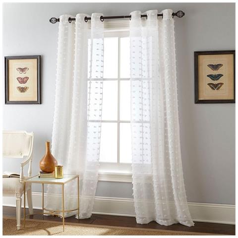 Set Di 2 Tende Trasparenti Con Pompon A Pois - Pannelli Per Finestre In Voile Con Anelli White Xl - Foto 7