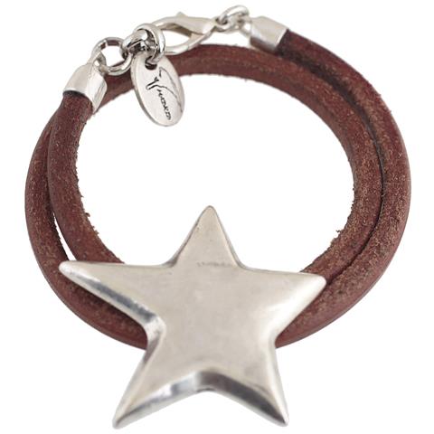 Bracciale A Doppia Stella, Argento E Pelle, 6 Mm - Foto 1