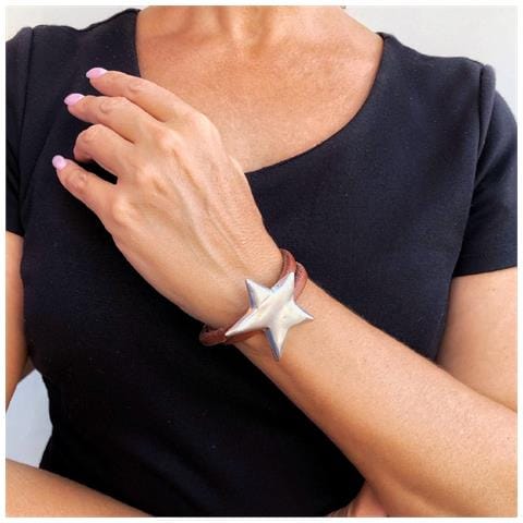 Bracciale A Doppia Stella, Argento E Pelle, 6 Mm - Foto 3