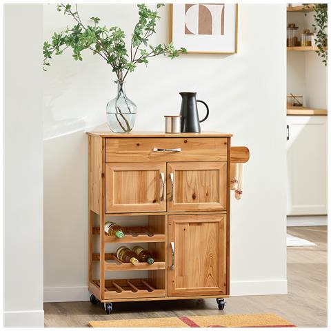 Carrello Per Cucina In Legno Massello Con Ruote, Cassetti E Portabottiglie, Colore Naturale - Foto 7