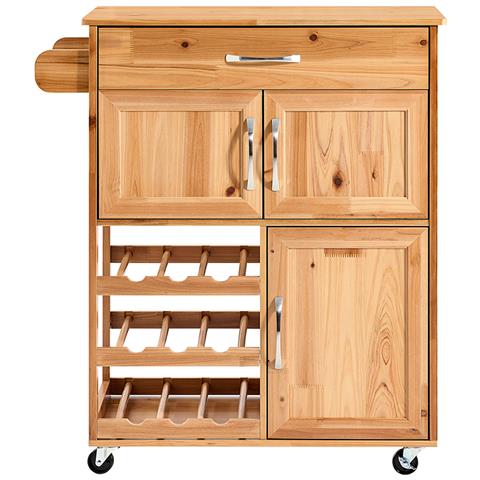 Carrello Per Cucina In Legno Massello Con Ruote, Cassetti E Portabottiglie, Colore Naturale - Foto 1