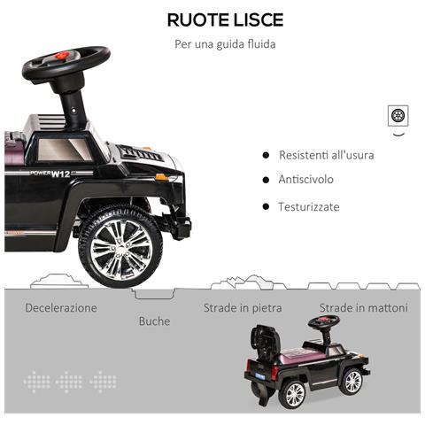 Macchina Giocattolo Fuoristrada Per Bambini Cavalcabile Con Volante, Fari E Musiche, Età 18-36 Mesi, 68x30.5x41.5cm, Nero - Foto 2