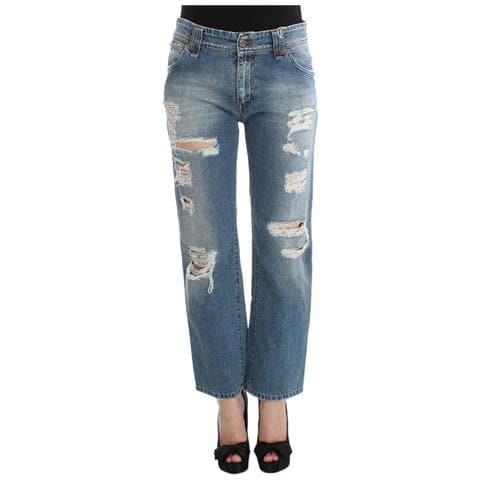 Jeans Cropped Stile Boyfriend In Cotone Lavato Blu - W26 - Foto 1