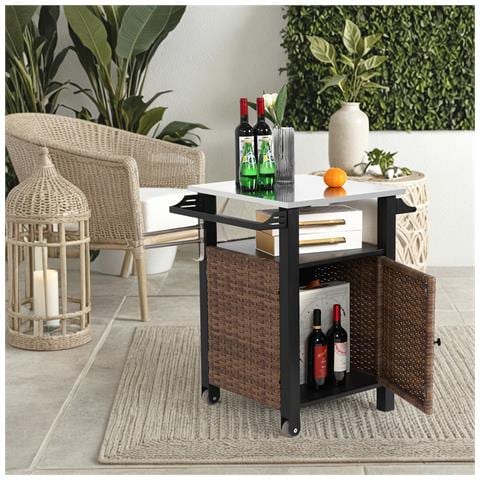 Carrello Da Barra Rotante Da Cucina A Porta Singola Con Piano Tavolo Esteso, Armadio Di Stoccaggio E Ruote, Acciaio Inox, Maniglia Laterale, Marrone - Foto 1