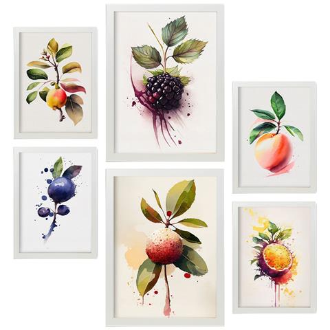 Set Di 6 Stampe Poster Di Frutti, Verdure E Cibi Sani Con Bacche E Pesche In Acquerello Su Bianco Puro A3 & A4 Cornice Bianca - Foto 1