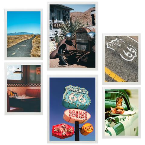 Set Di 6 Stampe Dipinto Decorativo Route 66 Usa E Cultura Incorniciato Con Illustrazioni Di Design Per La Decorazione Murale A3 & A4 Cornice Bianca - Foto 1