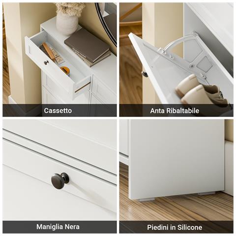 Armadio Per Scarpe Bianco Con 4 Ante Ribaltabili E 2 Cassetti, Capacità 12 Paia, Antiribaltamento - Foto 7
