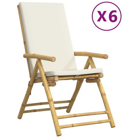 Sedie da Giardino Reclinabili 6 pz Cuscini Bianco Crema Bambù - Foto 1