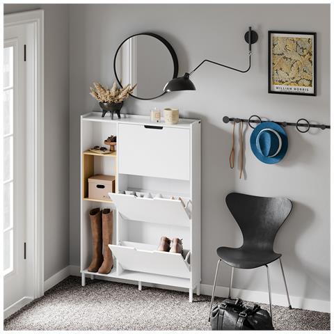 Scarpiera Salvaspazio A 3 Ante Ribaltabili, In Bianco E Bambù, Facile Da Montare - Foto 2