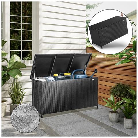 Baule Portaoggetti Da Giardino Cassapanca Polyrattan Impermeabile 2 Ruote Nero - Foto 4