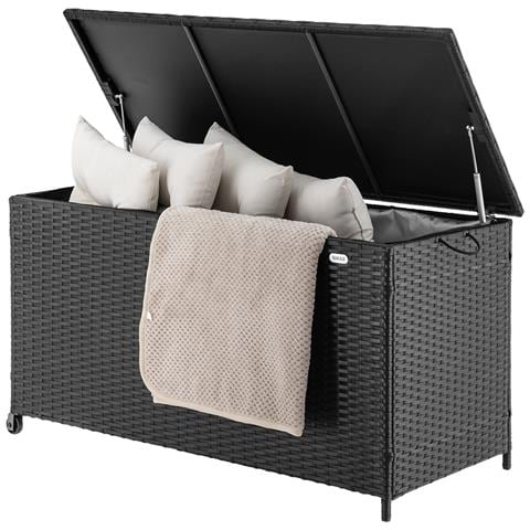 Baule Portaoggetti Da Giardino Cassapanca Polyrattan Impermeabile 2 Ruote Nero - Foto 1