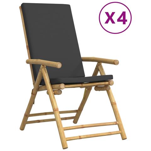 Sedie da Giardino Reclinabili 4 pz Cuscini Grigio Scuro Bambù - Foto 1